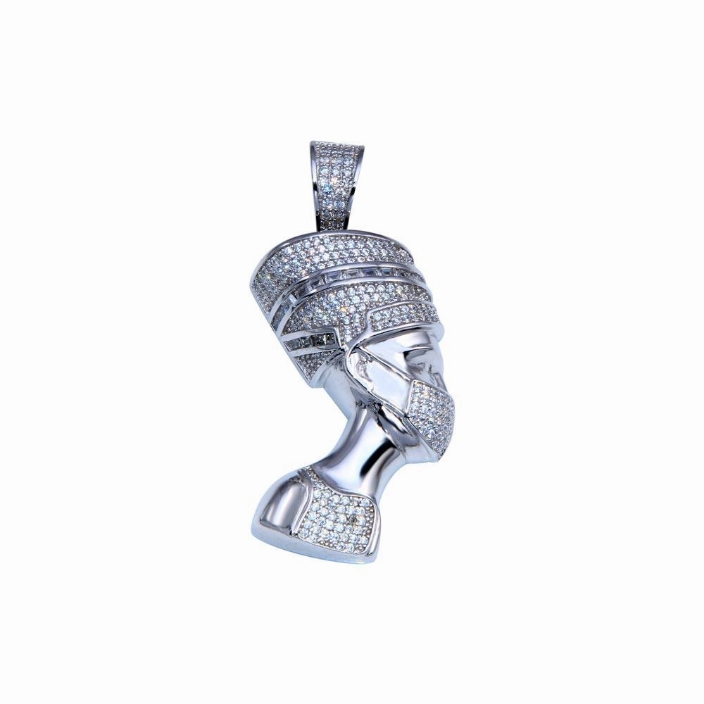 Rhodium Plated 925 Sterling Silver CZ Queen Nafertiti Hip Hop Pendant - SLP00254
