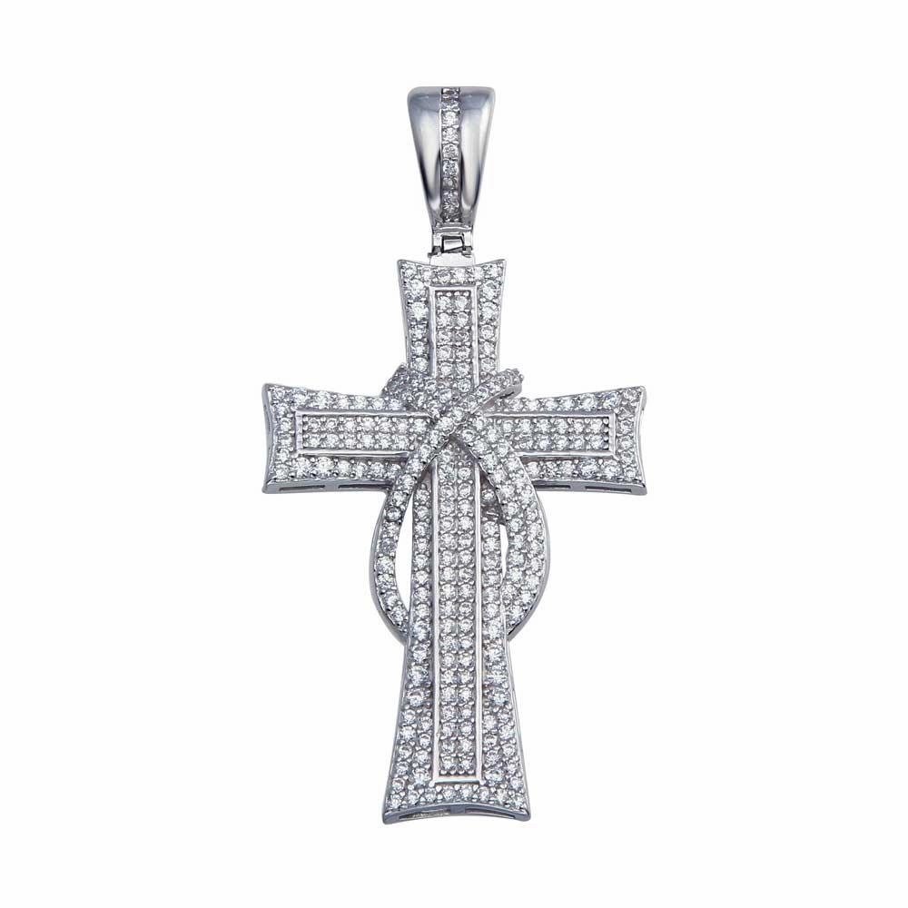 Rhodium Plated 925 Sterling Silver CZ Ribbon Cross Hip Hop Pendant - SLP00079