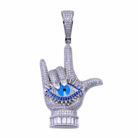 Rhodium Plated 925 Sterling Silver CZ Rock On Eye Pendant - SLP00337