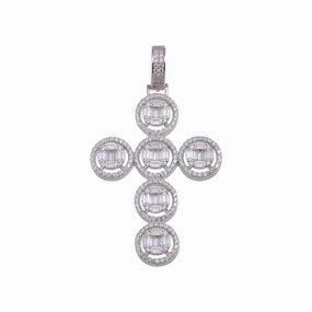 Rhodium Plated 925 Sterling Silver CZ Round Cross Hip Hop Pendant - SLP00157