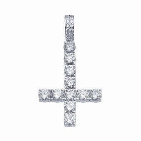 Rhodium Plated 925 Sterling Silver CZ Upside Down Cross Hip Hop Pendant - SLP00102