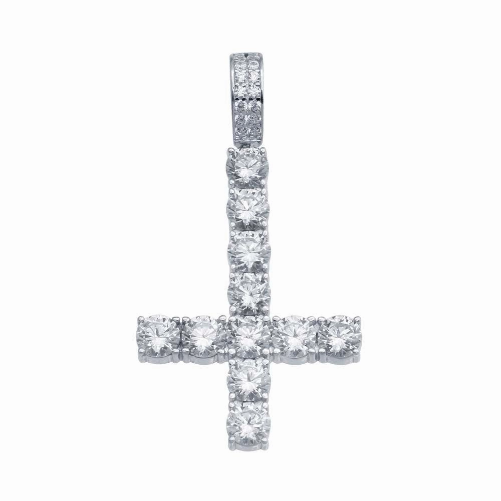 Rhodium Plated 925 Sterling Silver CZ Upside Down Cross Hip Hop Pendant - SLP00102