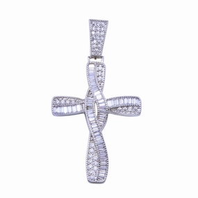 Rhodium Plated 925 Sterling Silver CZ Wave Cross Pendant - SLP00328