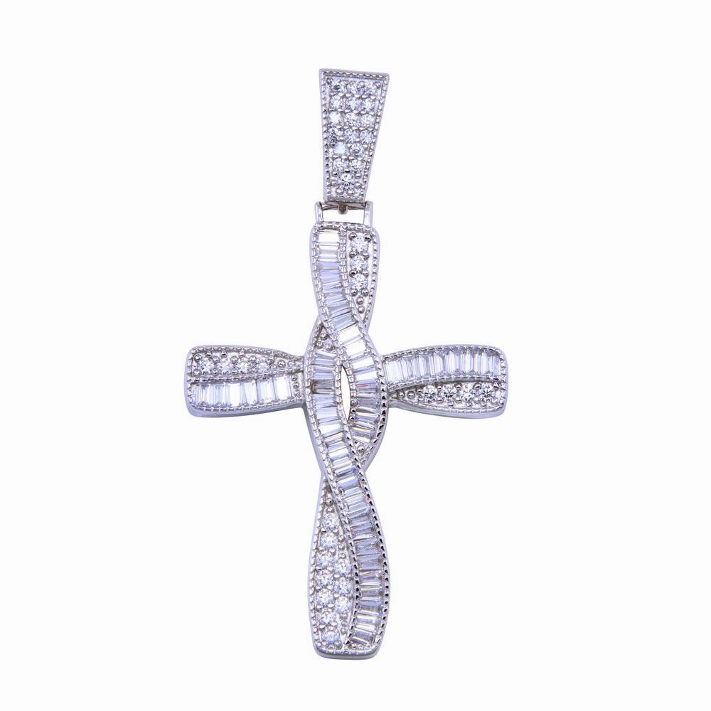 Rhodium Plated 925 Sterling Silver CZ Wave Cross Pendant - SLP00328