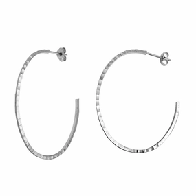Rhodium Plated 925 Sterling Silver Diamond Cut Semi Hoop Earrings 50mm - ECE00033RH