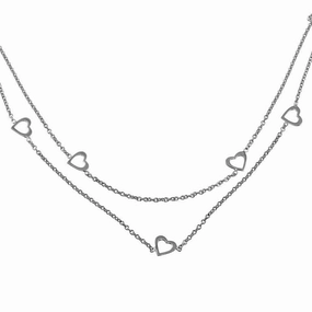 Rhodium Plated 925 Sterling Silver Double Chain Hearts Necklace - SOP00058