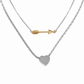 Rhodium Plated 925 Sterling Silver Double Link Arrow and Heart Pendant Necklace - SOP00061