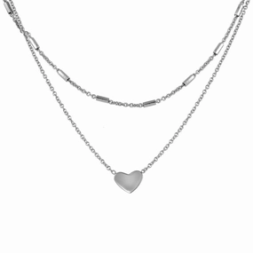 Rhodium Plated 925 Sterling Silver Double Link Heart Pendant Necklace - SOP00062