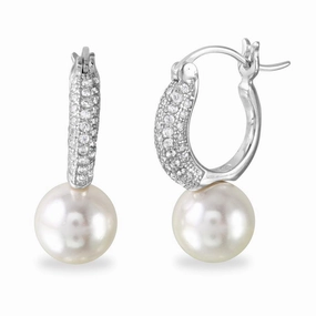 Rhodium Plated 925 Sterling Silver Dropped Synthetic Pearl huggie hoop Earrings with CZ - BGE00526