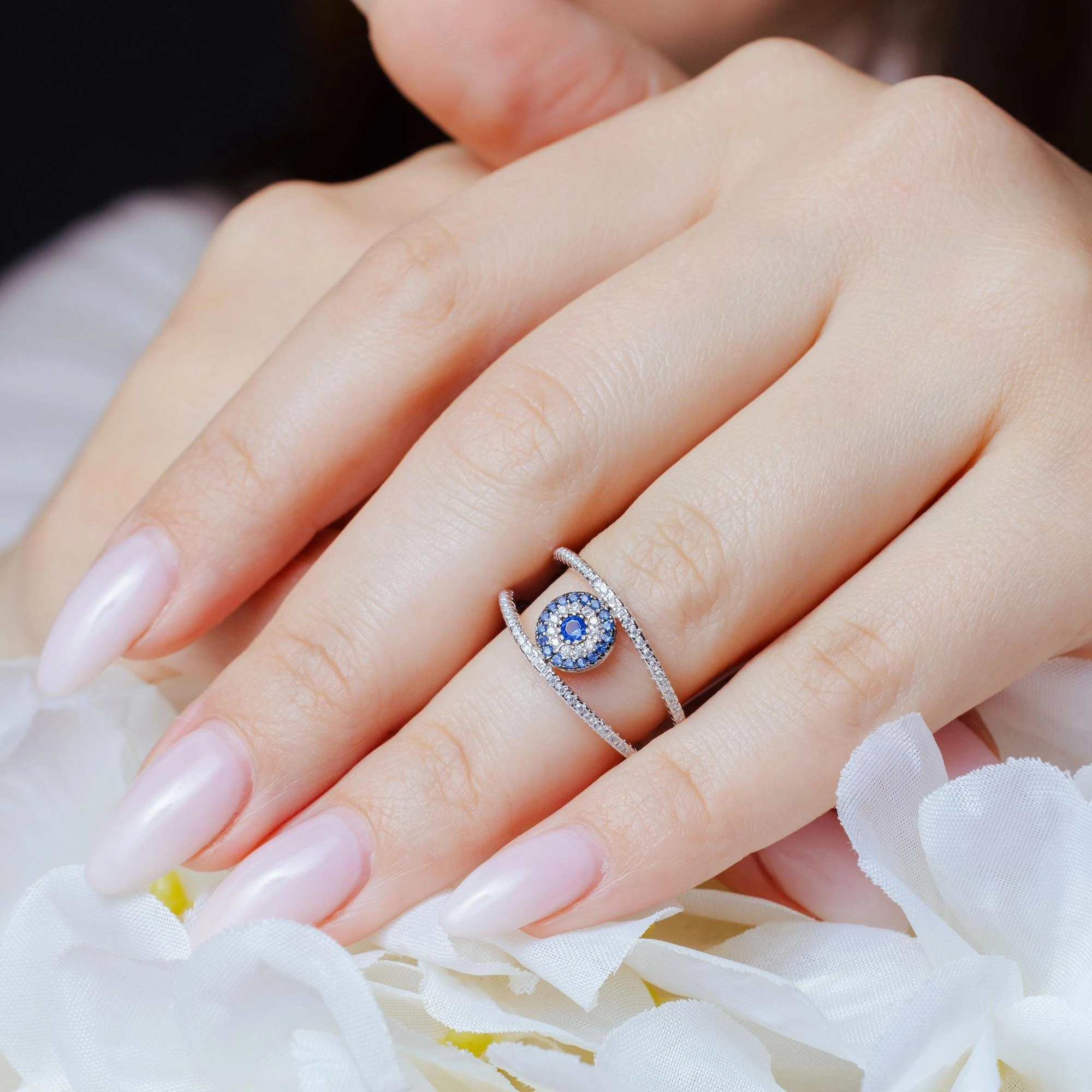 Rhodium Plated 925 Sterling Silver Evil Eye Ring with CZ - BGR01163