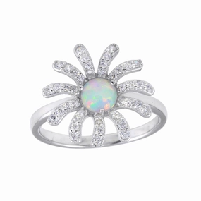 Rhodium Plated 925 Sterling Silver Flower Synthetic Opal Center CZ Ring - BGR01259