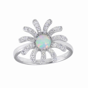 Rhodium Plated 925 Sterling Silver Flower Synthetic Opal Center CZ Ring - BGR01259