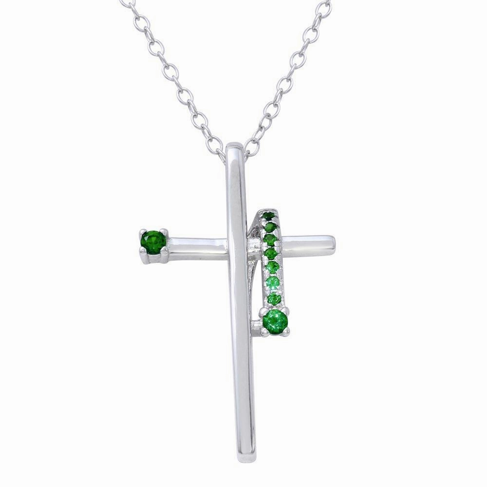 Rhodium Plated 925 Sterling Silver Green CZ Designed Cross Necklace - BGP01273GRN