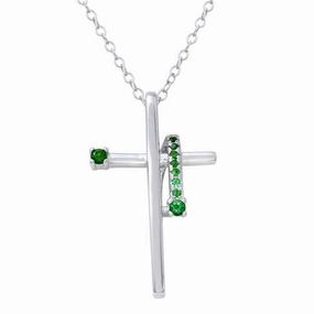 Rhodium Plated 925 Sterling Silver Green CZ Designed Cross Necklace - BGP01273GRN