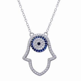 Rhodium Plated 925 Sterling Silver Hamsa Pendant Necklace with CZ - BGP01268