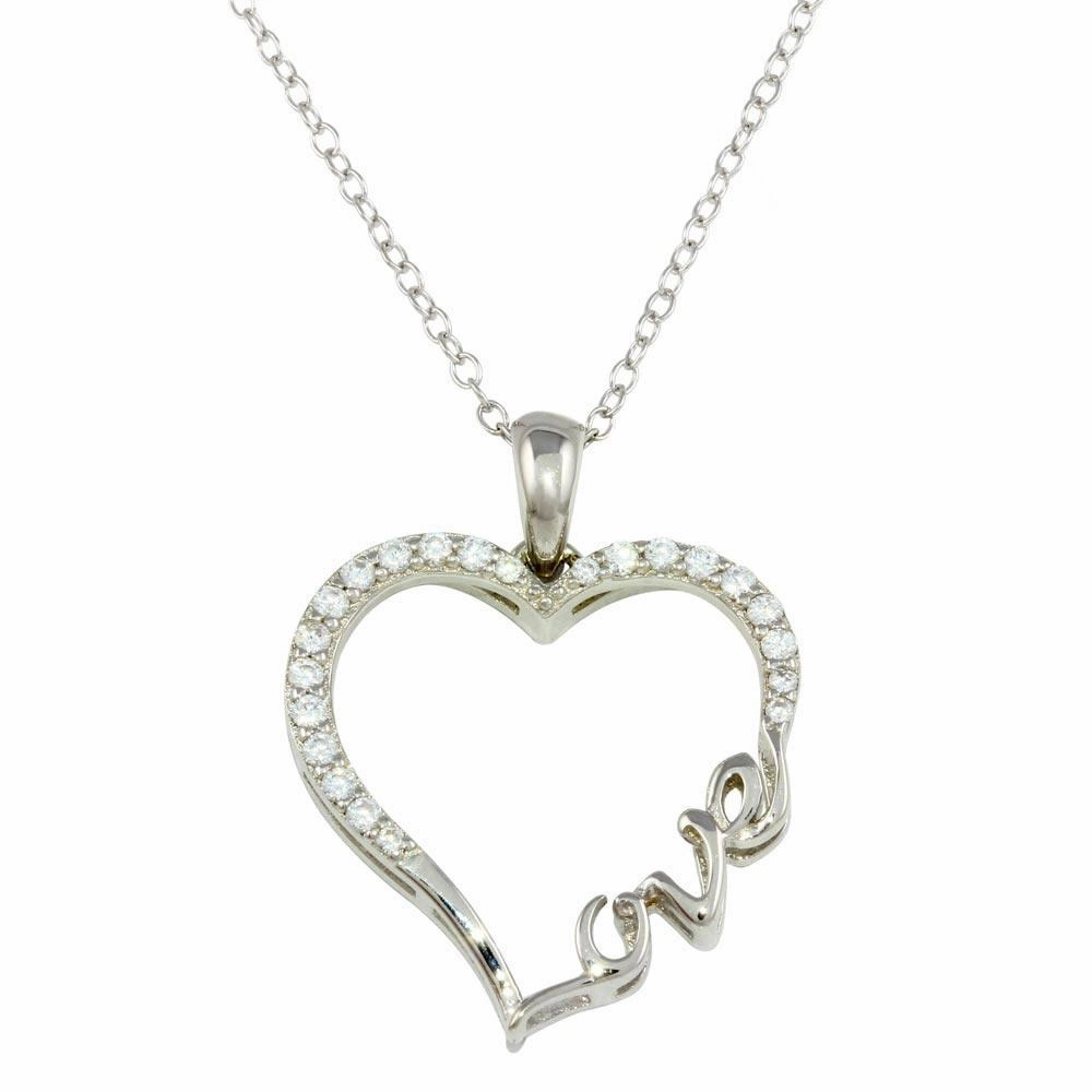 Rhodium Plated 925 Sterling Silver Heart and Love Word Necklace with CZ - STP01596