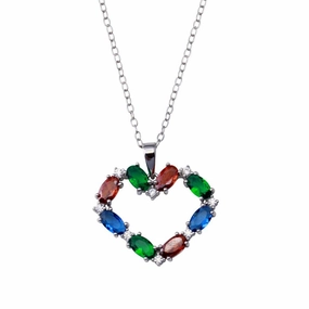 Rhodium Plated 925 Sterling Silver Heart Baguette Necklace - BGP01442