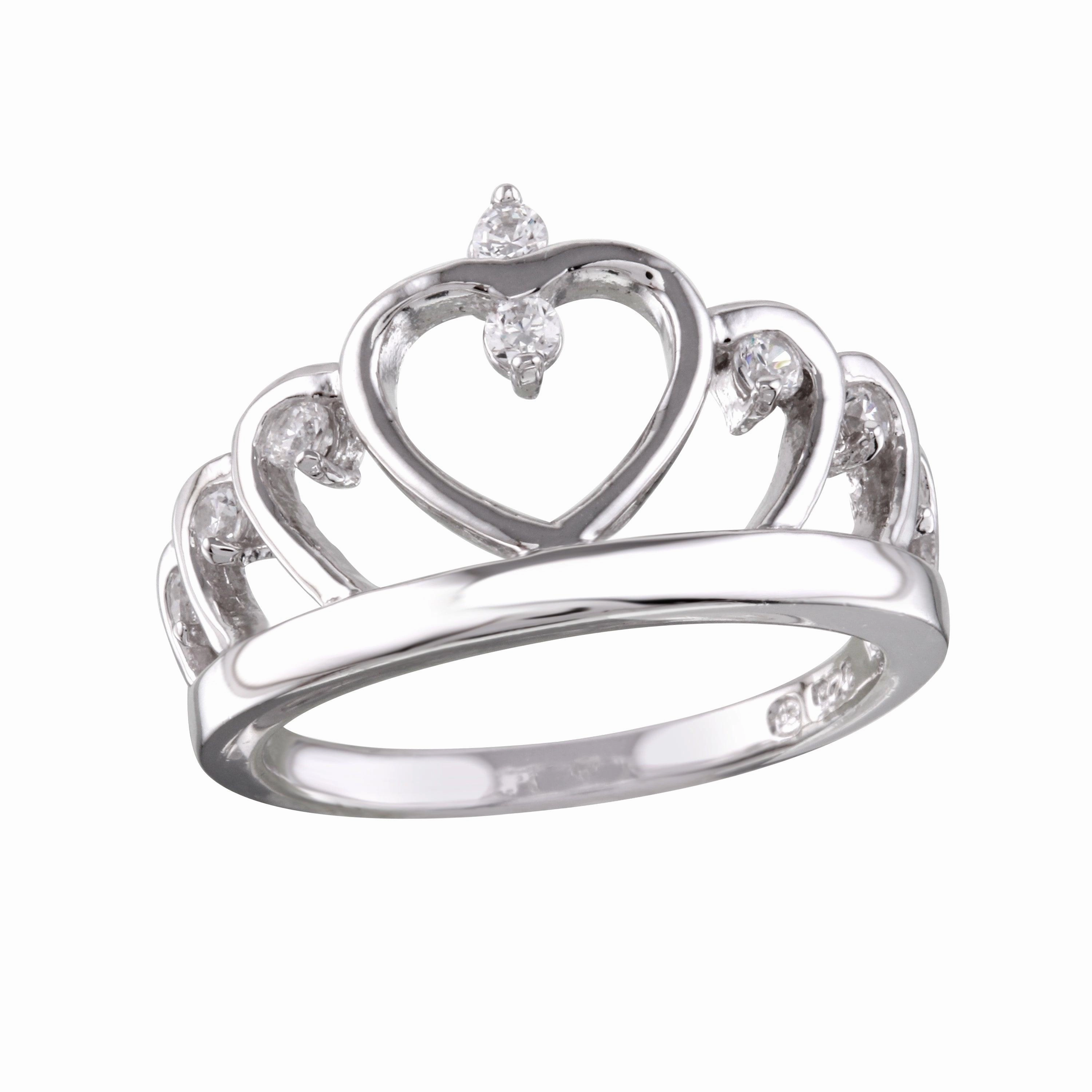 Rhodium Plated 925 Sterling Silver Heart Crown Ring with CZ - BGR01160