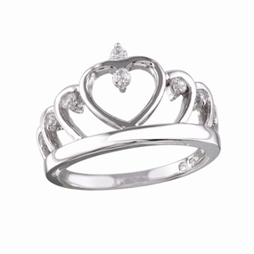 Rhodium Plated 925 Sterling Silver Heart Crown Ring with CZ - BGR01160