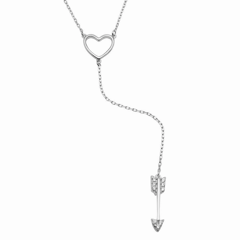 Rhodium Plated 925 Sterling Silver Heart Necklace with Dropped CZ Arrow - BGP01202