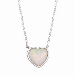 Rhodium Plated 925 Sterling Silver Heart Synthetic Opal Necklace with CZ - STP01739