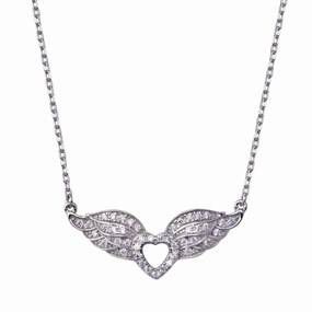 Rhodium Plated 925 Sterling Silver Heart Wings Adjustable Necklace - BGP01444