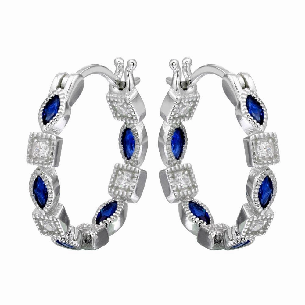 Rhodium Plated 925 Sterling Silver Inner and Outer Blue Clear CZ Hoop Earrings - STE01122BLU
