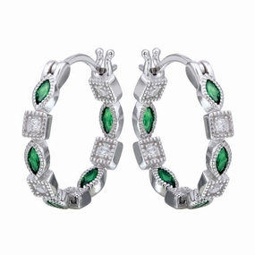 Rhodium Plated 925 Sterling Silver Inner and Outer Green Clear CZ Hoop Earrings - STE01122GRN