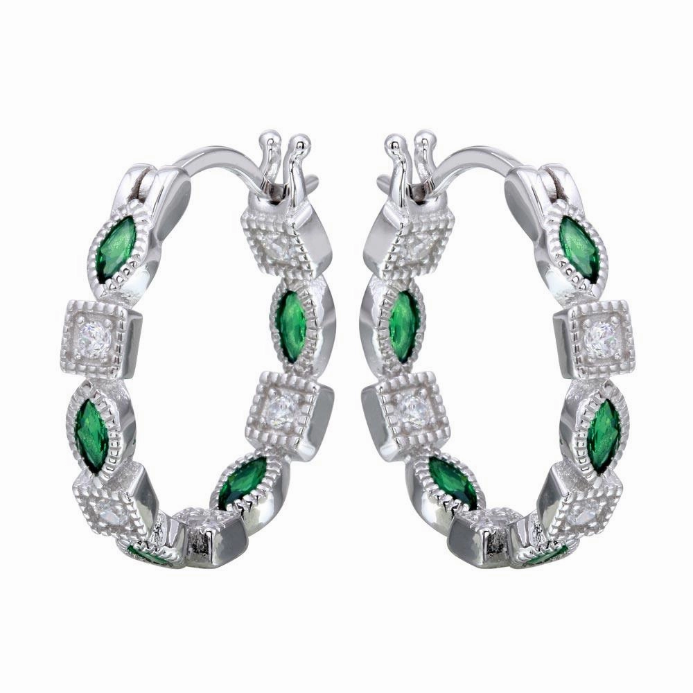 Rhodium Plated 925 Sterling Silver Inner and Outer Green Clear CZ Hoop Earrings - STE01122GRN