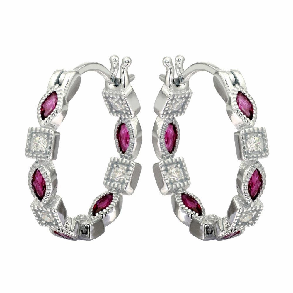 Rhodium Plated 925 Sterling Silver Inner and Outer Red Clear CZ Hoop Earrings - STE01122RED