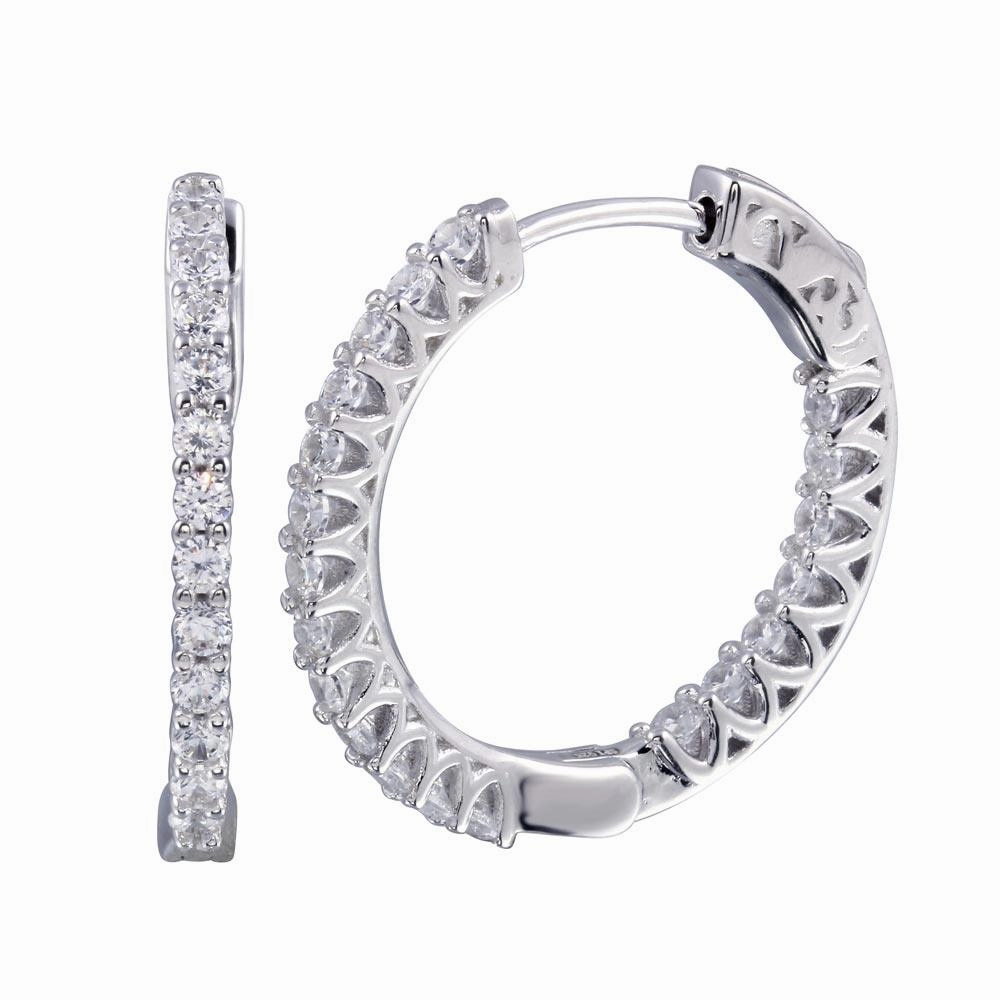 Rhodium Plated 925 Sterling Silver Inside Out CZ Hoop Vault Lock Earring 25mm - STE01242