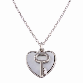 Rhodium Plated 925 Sterling Silver Key and Mother of Pearl Hearts Necklace - STP01757