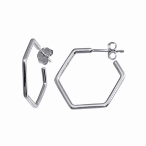 Rhodium Plated 925 Sterling Silver Large Hexagon Semi Hoop Earring - STE01229