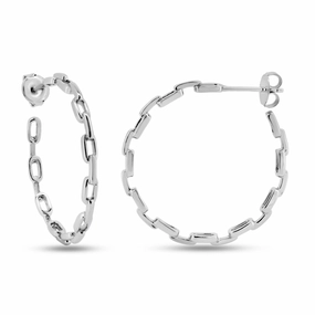 Rhodium Plated 925 Sterling Silver Link Design Semi Hoop Earrings - GME00127