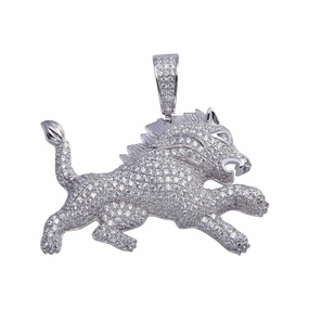 Rhodium Plated 925 Sterling Silver Lion Hip Hop Pendant - SLP00061.