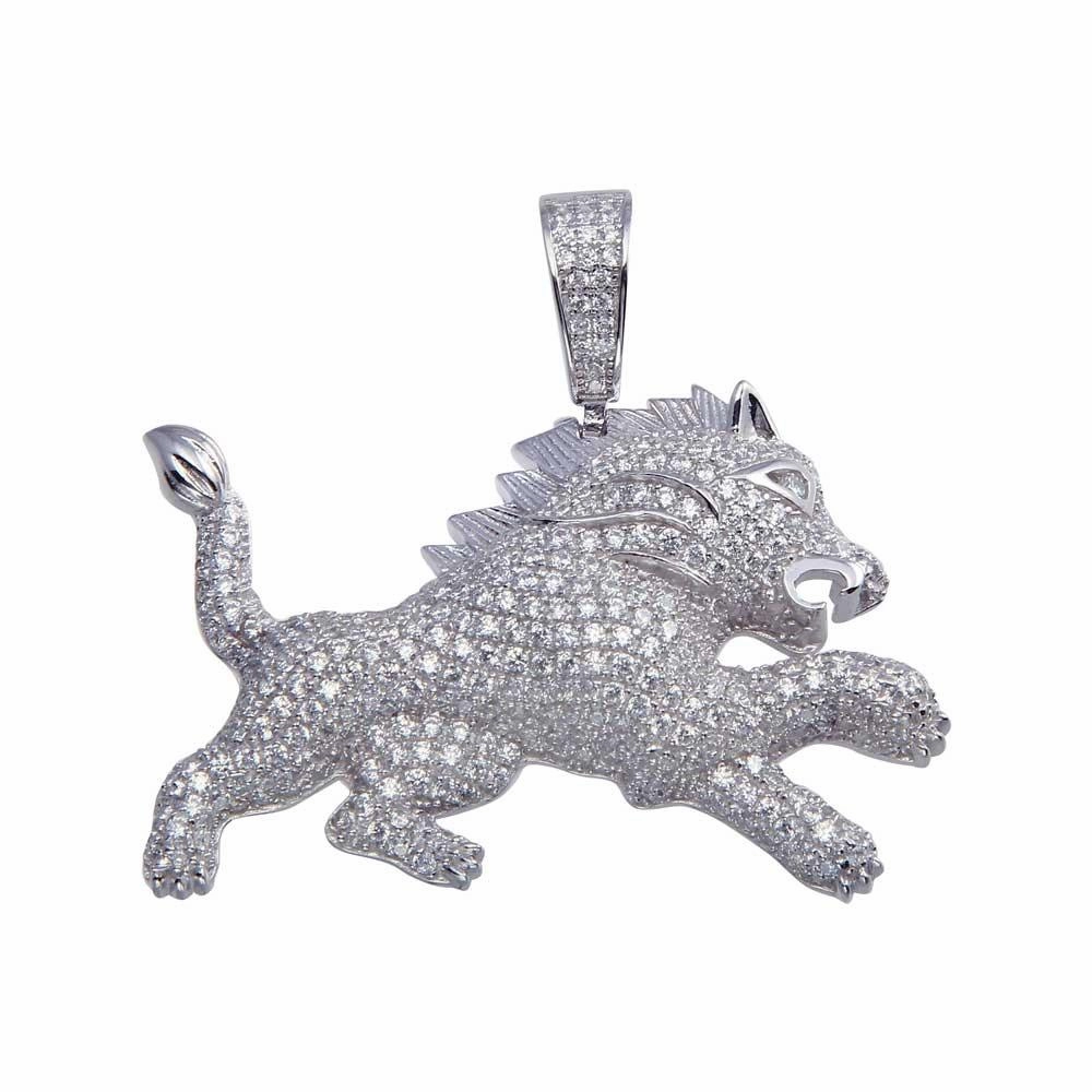 Rhodium Plated 925 Sterling Silver Lion Hip Hop Pendant - SLP00061.
