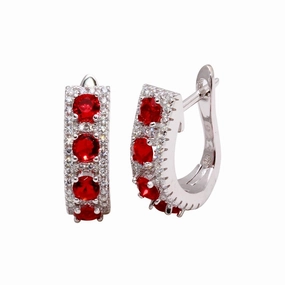 Rhodium Plated 925 Sterling Silver Long huggie hoop Earrings with Red and Clear CZ - BGE00571