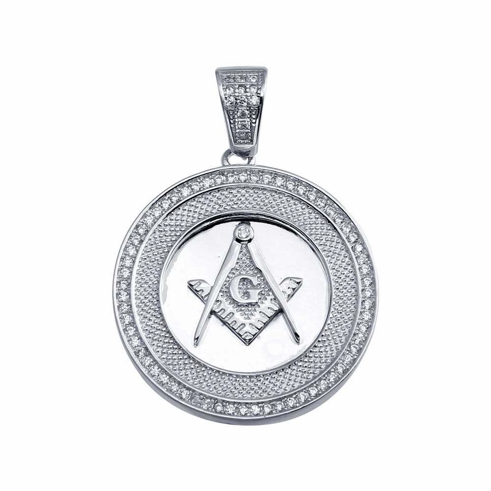 Rhodium Plated 925 Sterling Silver Masonic Sign Medallion Hip Hop Pendant - SLP00019