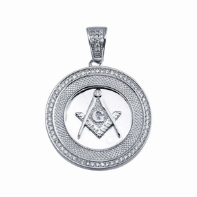 Rhodium Plated 925 Sterling Silver Masonic Sign Medallion Hip Hop Pendant - SLP00019