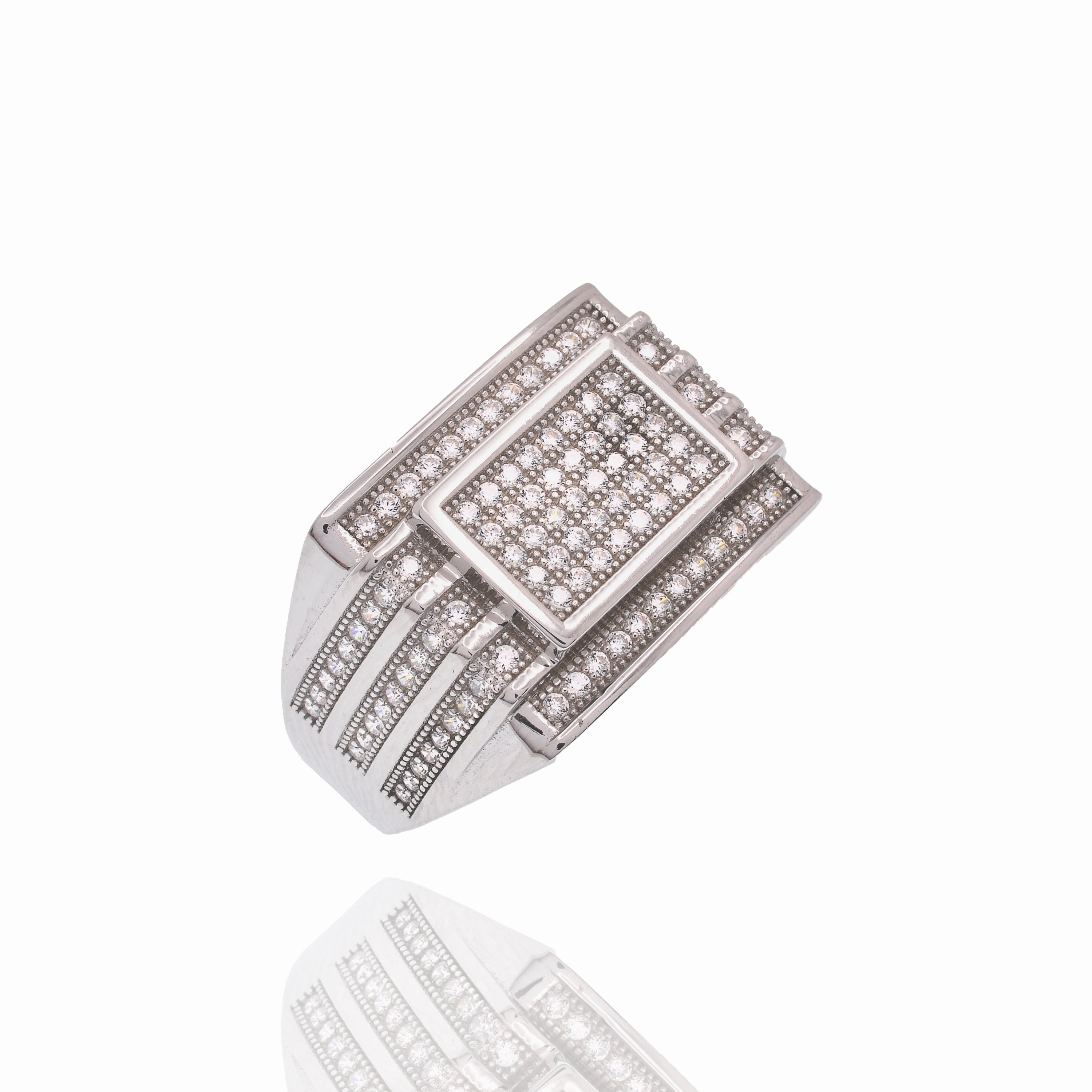 Rhodium Plated 925 Sterling Silver Men's CZ Rectangle Modern Iced Out Statement Band Ring - PAR00438