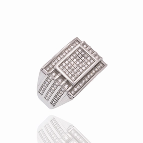 Rhodium Plated 925 Sterling Silver Men's CZ Rectangle Modern Iced Out Statement Band Ring - PAR00438