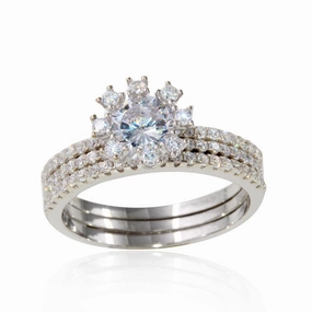 Rhodium Plated 925 Sterling Silver Micro Pave Bridal CZ Two Piece Adjustable Set - STR01066