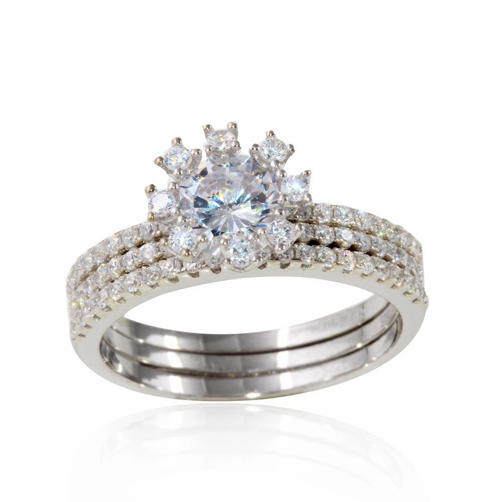 Rhodium Plated 925 Sterling Silver Micro Pave Bridal CZ Two Piece Adjustable Set - STR01066
