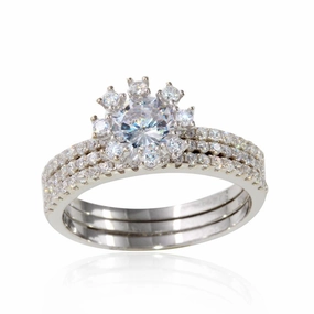 Rhodium Plated 925 Sterling Silver Micro Pave Bridal CZ Two Piece Adjustable Set - STR01066