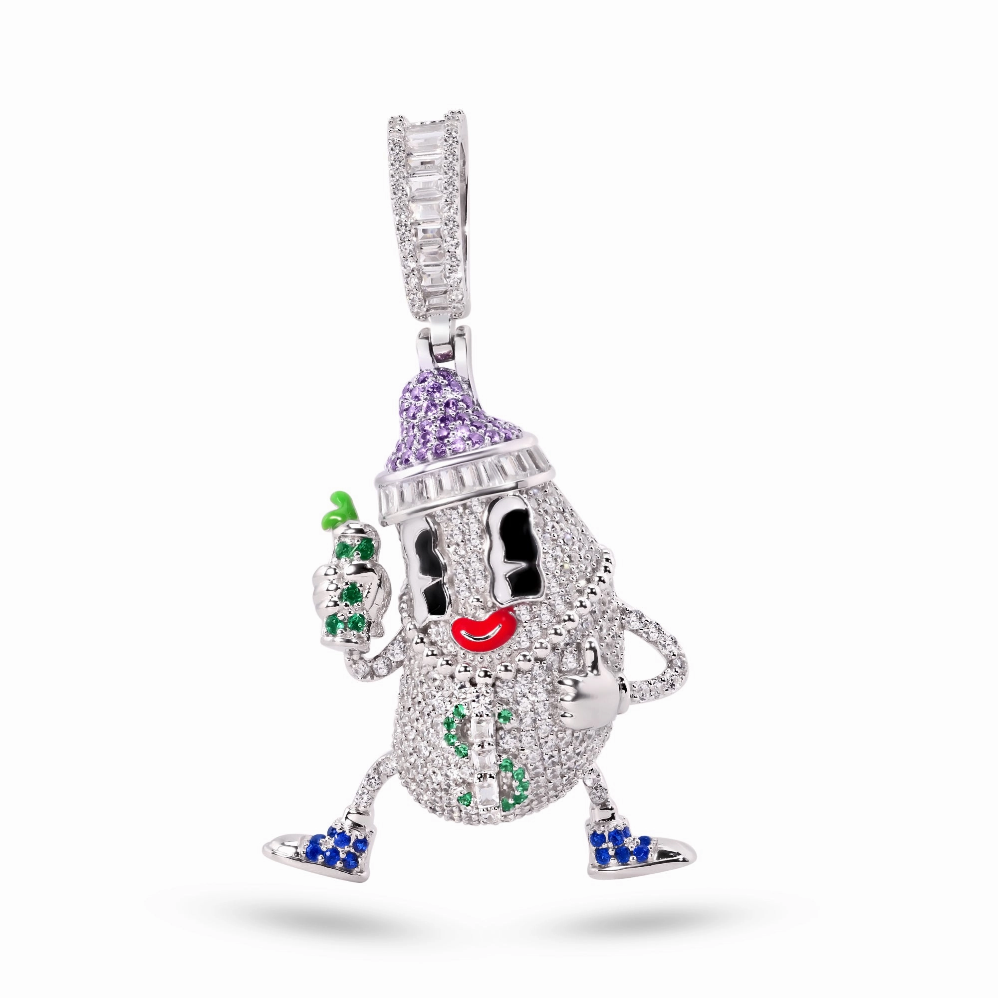 Rhodium Plated 925 Sterling Silver Milk Bottle Hip Hop Clear Purple and Green CZ Pendant - SLP00382