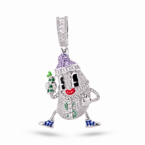 Rhodium Plated 925 Sterling Silver Milk Bottle Hip Hop Clear Purple and Green CZ Pendant - SLP00382