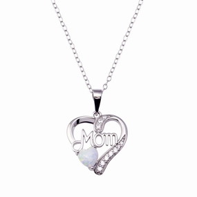 Rhodium Plated 925 Sterling Silver Mom Heart Opal Adjustable Necklace - BGP01445