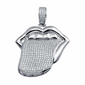 Rhodium Plated 925 Sterling Silver Mouth and Tongue Hip Hop Pendant - SLP00017