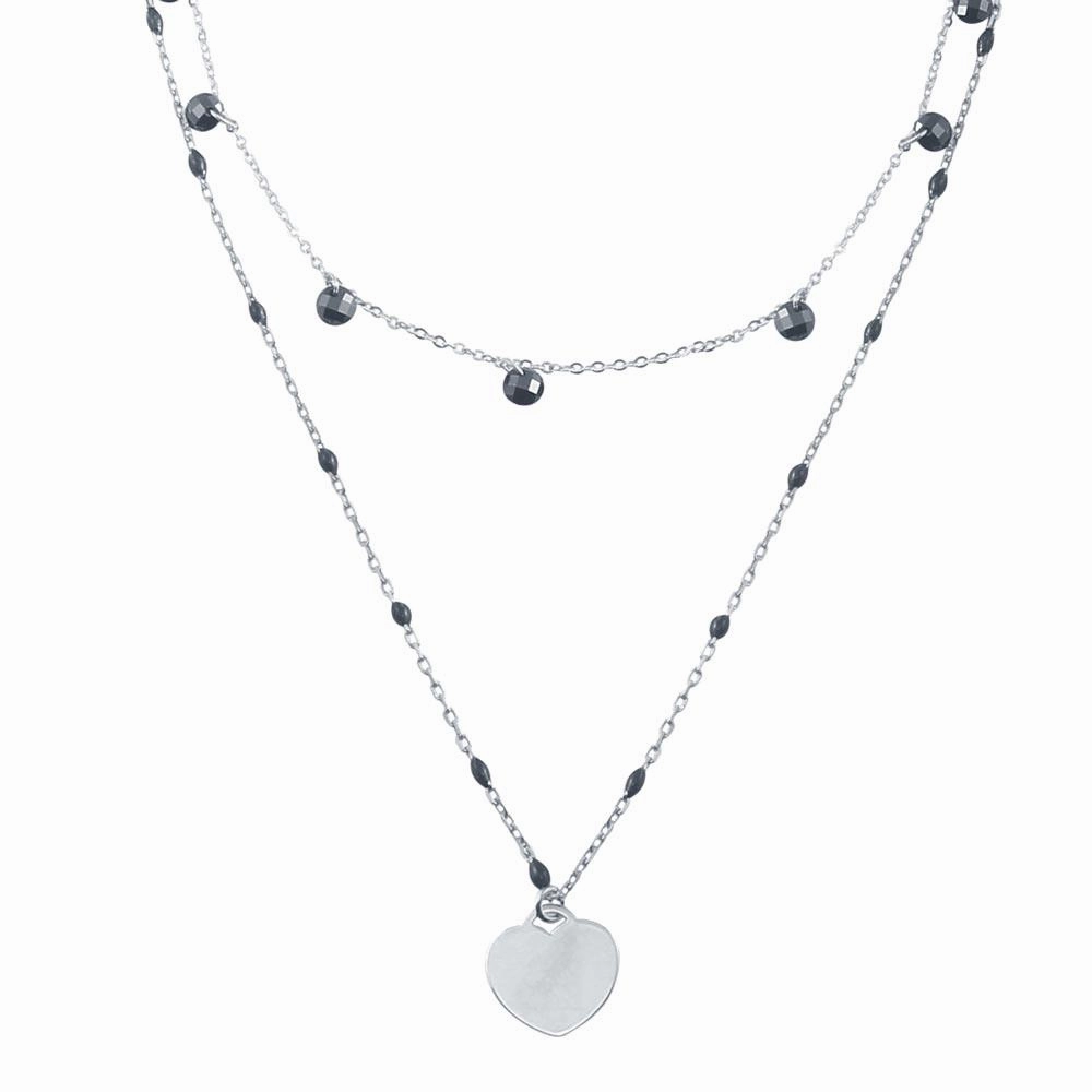 Rhodium Plated 925 Sterling Silver Multi Chain Black CZ Enamel Beaded Heart Necklace - ECN00063RH