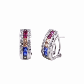 Rhodium Plated 925 Sterling Silver Multi-Colored Clip On Hoop Earrings - BGE00602